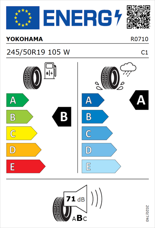 Tyre Label for Yokohama V105 245/50R19 105W