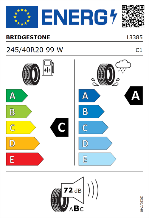 Tyre Label for Bridgestone Potenza S001 245/40R20 99W