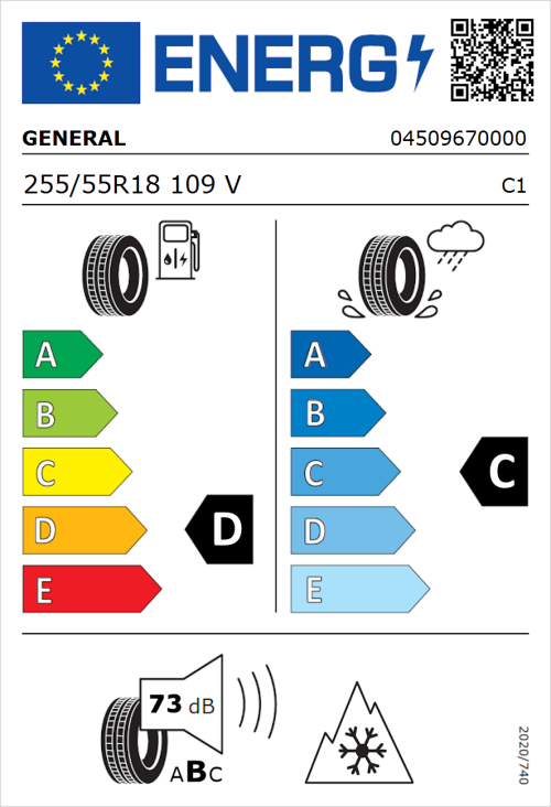 Tyre Label for General Grabber A/S 365 255/55R18 109V