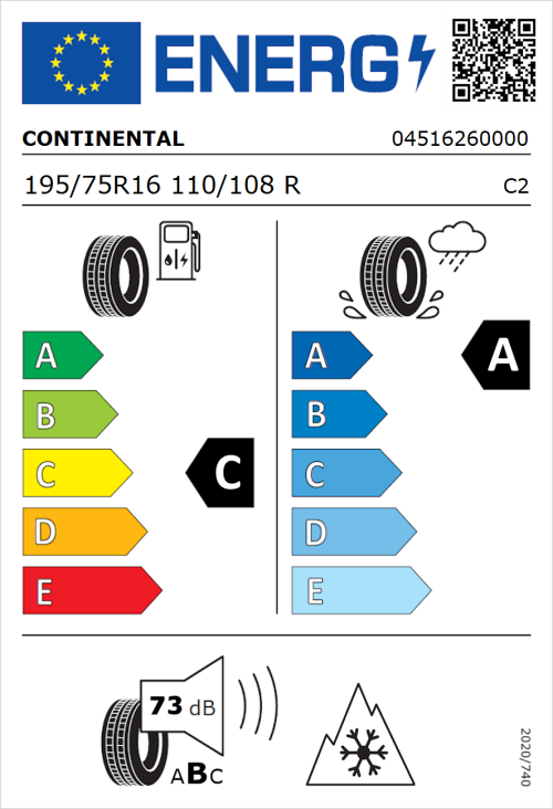 Tyre Label for Continental Vanco FourSeason 195/75R16 110/108R