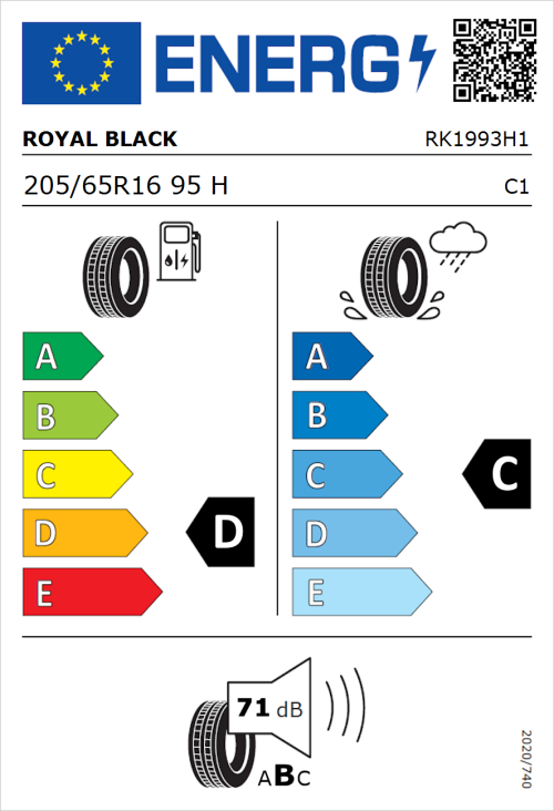 Tyre Label for Royal Black Royal Mile 205/65R16 95H