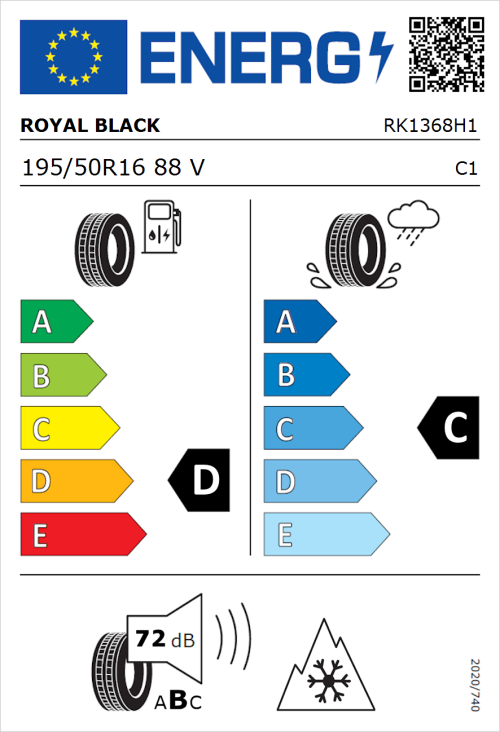 Tyre Label for Royal Black Royal A/S 195/50R16 88V