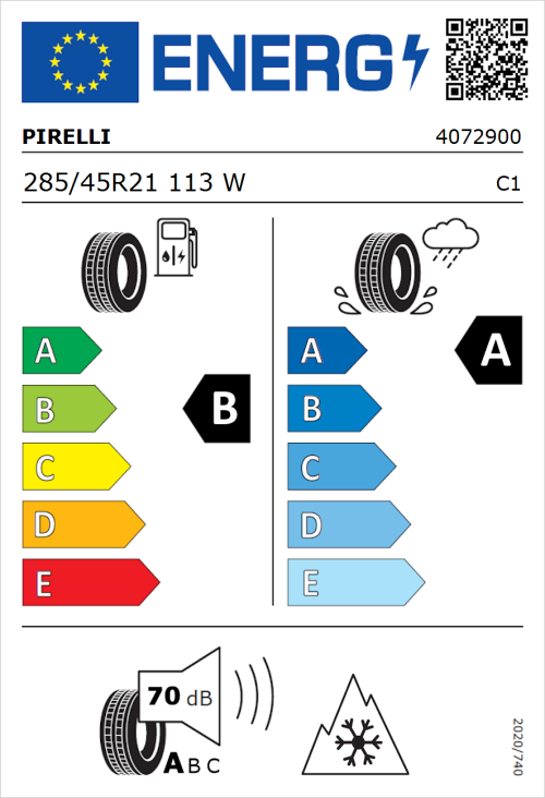 Tyre Label for Pirelli Scorpion Verde All Season 285/45R21 113W