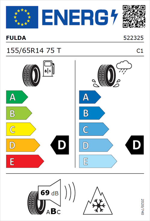 Tyre Label for Fulda Kristall Montero 3 155/65R14 75T