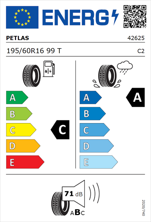 Tyre Label for Petlas Full Power PT835 195/60R16 99T
