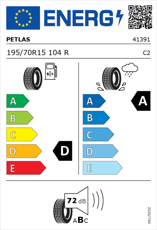 Tyre Label for Petlas Full Power PT825 195/70R15 104R