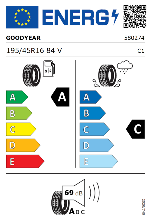 Tyre Label for Goodyear EfficientGrip Performance 195/45R16 84V