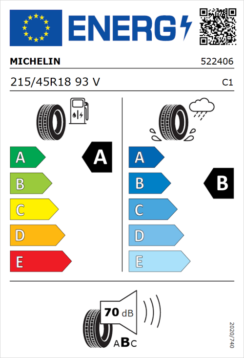 Tyre Label for Michelin e.primacy 215/45R18 93V
