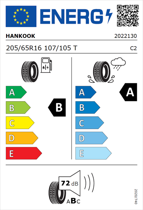 Tyre Label for Hankook Vantra Transit (RA58) 205/65R16 107/105T