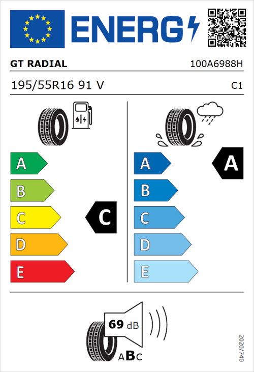 Tyre Label for GT Radial FE2 Evo 195/55R16 91V
