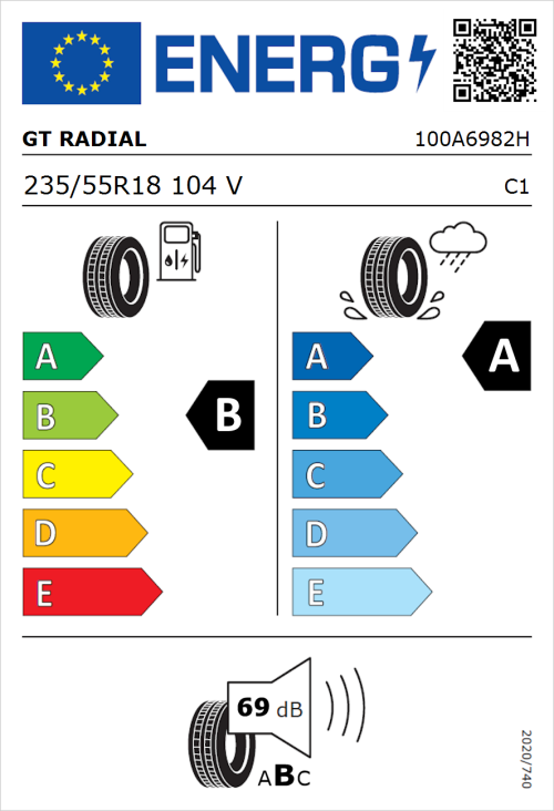 Tyre Label for GT Radial FE2 Evo 235/55R18 104V
