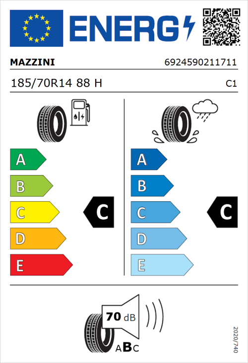 Tyre Label for Mazzini Eco 307 185/70R14 88H